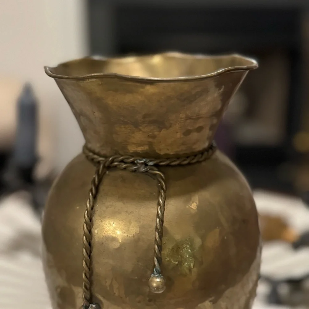 Vintage Large Hammered Brass Vase Ruffled Rim Brass Tassels 11”